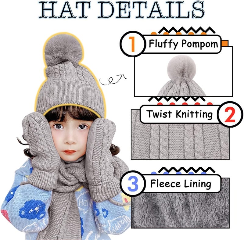 Peecabe Kids Winter Hat Scarf Mittens Set Toddler Knitted Beanie Girls Fleece Children Neck Warmer Boys Warm Gloves 2-7 Years - Image 2